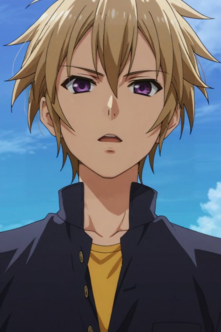 score_9, score_8_up, score_7_up,score_6_up,score_5_up,score_4_up,source_anime,BREAK, rating_safe, intricate details , , , anime screencap, anime coloring, official style, depth of field , , ,1boy, solo, male focus , , , <lora:izayoi:0.95>,sakamaki izayoi,blonde hair,purple eyes,short hair,spiky hair,hair between eyes,natural hair,simple hairstyle,looking at viewer,open mouth,expressionless, shirt, school uniform, upper body, outdoors, sky, day, cloud, blue sky, gakuran,from below , , , <lora:sdxl_lightning_8step_lora_315544:1>