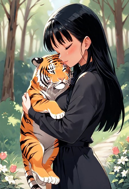 score_9, score_8_up, score_7_up, score_6_up, 
BREAK <lora:p3tl0v3XLP:1> p3tl0v3, 1girl, black hair, hugging tiger outdoors, perfect hands,
