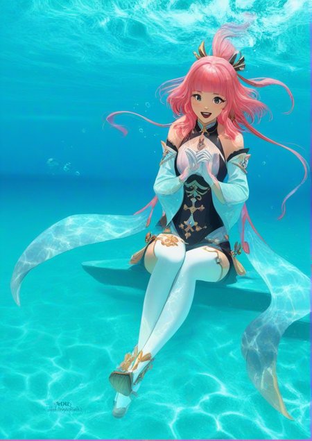 (1girl,zPDXL3),:d, blunt bangs, bow-shaped hair, detached sleeves, fish, gloves, gradient hair, grey eyes, hair ornament, half gloves, long hair, looking at viewer, multicolored hair, ocean, open mouth, pink hair, rope, seiza, shimenawa, sidelocks, sitting, smile, solo, underwater, vision (genshin impact), white gloves, white legwear, wide sleeves <lora:hi-ku:1>