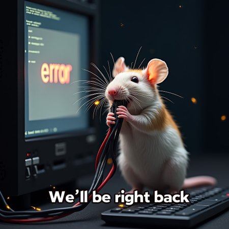 A cute little rat is chewing a bundle of wires.  Sparks are flying from the cut and the computer server behind has a screen that reads “error.” Text on the bottom right of the screen is in all caps and in white font says “We’ll be right back”