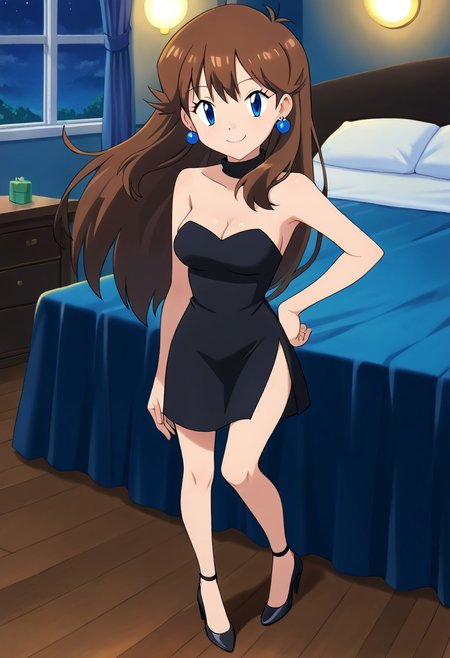 score_9, score_8_up, masterpiece, best quality, uncensored, correct anatomy, detailed background, anime_source, 1girl, solo, alone, perfect eyes, perfect arms, perfect legs, perfect face, indoors, medium breasts,  bare shoulders,
gurin, blue eyes, brown hair, long hair, bangs, sidelocks, looking at viewer,  a short black sweetheart bodycon dress, black dress, strapless, sexual arousal, black high heels, blue earrings, round earrings, full body, left hand on hip, right hand on knee, standing up, dance floor, night club, smile, looking at viewers, cowboy shot, indoors, disco lighting