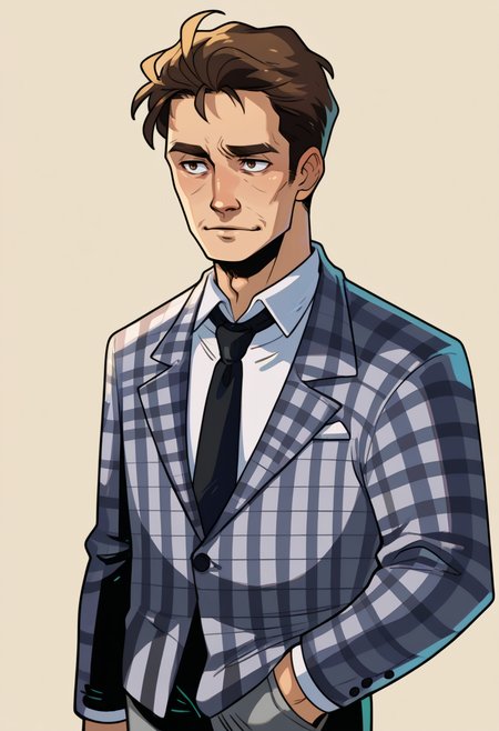 score_9, score_8_up, score_7_up, BREAK <lora:hades-guy-PONYv1:1>, shadow, portrait, 1boy, solo,  <lora:benny-fnv-richy-v1_pdxl:0.95> benny, brown hair, short hair, checkered suit, black necktie, grey pants