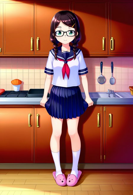 hiiragi_sizuka,  1girl, solo, full body, 
indoors, kitchen,
jimiko, black long hair, twin braids, black glasses, green eyes,
school uniform, short sleeves, pleated skirt,  serafuku, sailor collar, neckerchief, white socks, slippers,
<lora:1.2 billion_pony1.1:0.5>