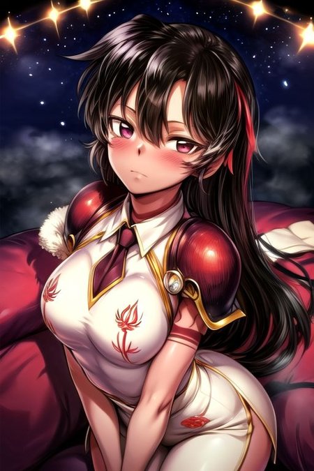 best quality 1girl Setsun4 solo long hair,  (night time) forest background black hair very long hair purple eyes multicolored hair armor, small, (fur trim) (medium body),<lora:EMS-179-EMS:0.800000>,<lora:EMS-293862-EMS:0.800000> bow, hair_bow, hair_tubes, red_bow, brown_hair, long_hair, bangs, ascot, frilled_bow, yellow_ascot, blush, smile, hair_between_eyes, athletic, armor, miko, ,(((intricate outfit,intricate clothes,embroidered outfit,ornate outfit,embroidered clothes,ornate clothes))), strengthmda, crossed arms,