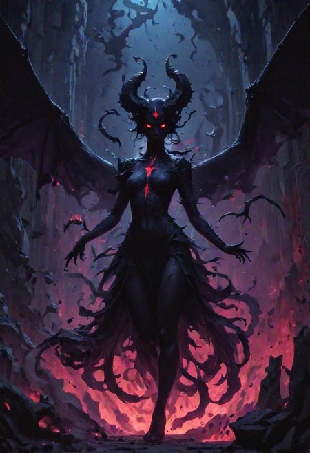 In a fantasy dungeon, a mysterious female dark silhouette, succubus, demon. Mystic power. Sensual and dangerous. mystic color palette. BadDream, DEVIL SPAWN.