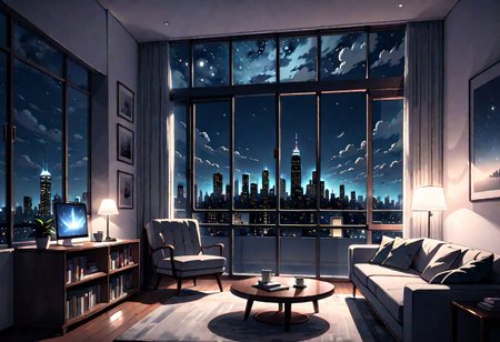 ((front view)), Shallow scene, (((animation style))), (night), modern-style interior, with white walls, (large windows), a  study, Sofa, coffee table, bookcase, single wall, ((dark room)), quiet and mysterious night sky,  city night view, (City high-rise building scenery), (City scenery outside the window), starry sky, moonlight,
