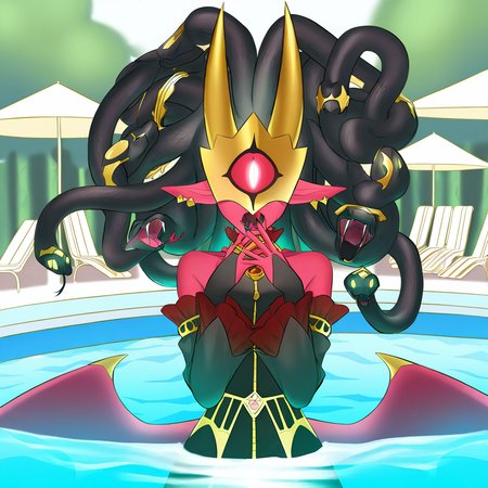highres, best quality, masterpiece, very aesthetic, newest,1girl,solo,medusamon,snake hair,black snakes,golden horned mask,single eye,pointy ears,fangs artist:yoggi \(stretchmen\) <lora:MedusamonIllus:1> upper body,cropped,hands over mouth,suprised,exclamation point,low wings,outdoors,outdoors swimming pool,pool chair,dress