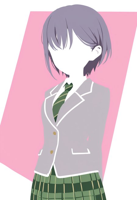 takamatsu tomori, 1girl, solo, (fkey:0.8), (ciloranko:0.6), simple background, cowboy shot, <lora:MyGo_IlluXL:0.8>, flat color, minimalism, no eyes, no lineart, silhouette, limited palette, (arms up:0.5), faceless, two-tone background, white background, pink background, no nose, haneoka school uniform, green skirt, plaid skirt, pleated skirt, grey jacket, blazer, long sleeves, white shirt, green necktie, diagonal-striped necktie ,arms behind back, grey hair, purple hair, buttons, pale skin,, best quality, masterpiece, highres, very aesthetic,absurdres,