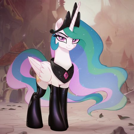 score_9, score_8_up, score_7_up, score_6_up, score_5_up, score_4_up, (evil:1.2) Pony Princess Celestia wearing latex socks, evil black crown, looking at you, solo, beautiful, my little pony: the movie, (movie accurate:1), full body