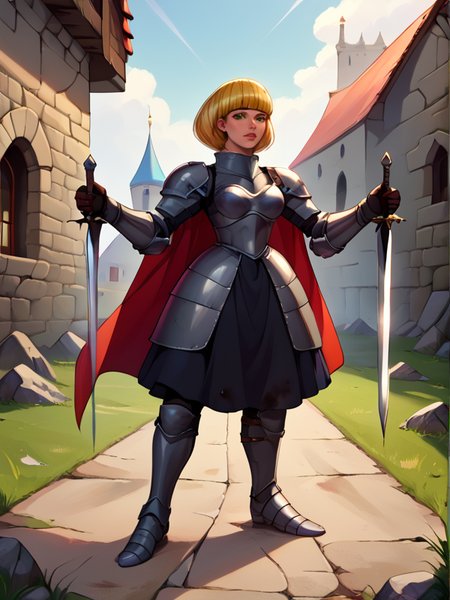score_9, score_8_up, score_7_up, source_anime, very aesthetic, gorgeous art, BREAK, 1girl, <lora:zs_JeanneDArcXL:0.8>, solo focus, jeannesmt, knight, mature female, strict, pores on skin, skin details, skin defect, standing, both-hand-hilt, hands on hilt,holding sword, planted sword, bruised, armored, armor, short hair, hime cut, blonde hair, freckles, hip, gloves, cape, armor plates, dirty, black thighhighs, thighhighs skindentation, dress leg cut, tall figure, tall female, large breasts, breast plate, at battlefield, medieval, banners, war, <lora:add-detail-xl:0.7>, <lora:Both hand planted sword (pony) v1:0.9>
