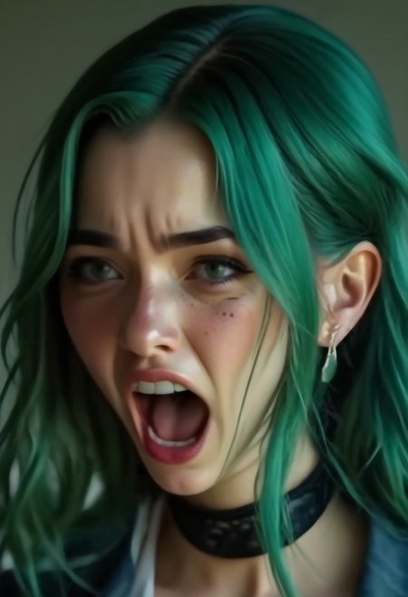 Realistic, realism, 4K, hi-res, Daphne, 20, green hair, freckles, black collar, front facing, (angry), shouting, (enraged), wild,