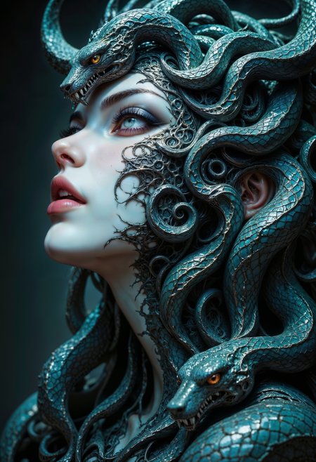 A Medusa Gorgon profile face with a pale, porcelain-like complexion, subtly infused with gentle, rosy highlights, gazing upward with a subtle, sultry expression, her full lips slightly parted, surrounded by a mesmerizing array of angry snakes that intricately weave around her.