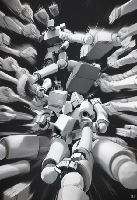 Score_9, score_8_up, score_7_up, BoxPerson, monochrome, greyscale, no humans, robot, mecha, humanoid robot, rushpunch,punching,multiple hands,fists,clenched fists,(motion_blur:1.2),(motion line:1.1),speed_lines