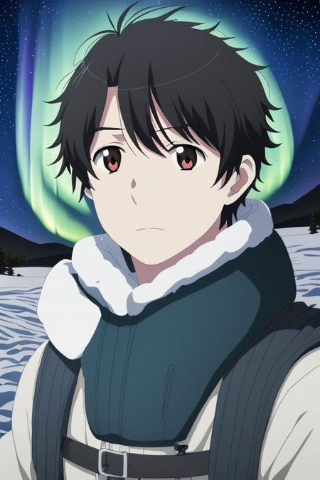 high resolution, solo, best quality, 1Boy, Inaho Kaizuka, Black Hair, winter, Northern Lights, Stargazing, OverallDetail