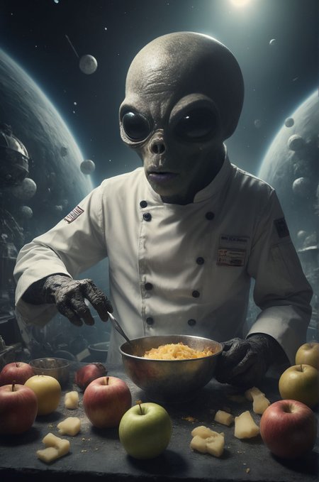 Prepare for a culinary caper of cosmic proportions: Our intrepid chef finds themselves on a mission to create the perfect dish using ingredients sourced from across the galaxy. From moon cheese to asteroid apples, they scour the cosmos for the rarest and most exotic ingredients, all while dodging space pirates, outsmarting intergalactic health inspectors, and navigating the perilous pitfalls of cosmic cuisine. Along the way, they must contend with rival chefs, alien food critics, and the ultimate challenge: a cook-off against the reigning champion of the culinary cosmos. Can our hero whip up a dish that's out of this world, or will they be left with egg on their face? 
Many details everywhere. soft shadows. Low saturation colors. Insane quality. Insane resolution. Insane details. Masterpiece. 32k resolution.
Dramatic,Dynamic,Cinematic,Sharp details
 <lora:dvr-lnds-sdxl:0.4> dvr-lnds-sdxl <lora:add-detail-xl:1>   <lora:casting shadow style v2:0.1> casting shadow style, cucoloris patterned illumination  <lora:MJ52:0.051> <lora:ral-apoctvisn-sdxl:0.1> ral-apoctvisn <lora:ral-mtclniscp-sdxl:0.1> ral-mtclniscp <lora:SDXLFaeTastic2400:0.1> <lora:zavy-cntrst-sdxl:0.1> dark, chiaroscuro, low-key <lora:zavy-rmlght-sdxl:0.1> zavy-rmlght