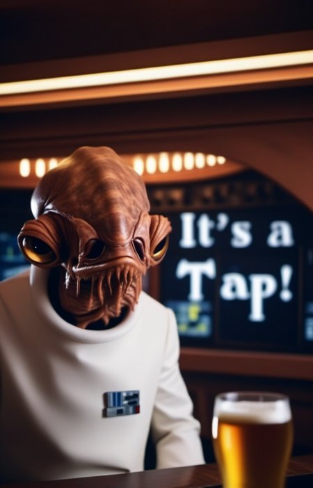 cinematic photo an alien with a strange looking face, star wars, white suit, having a beer in a pub, +++(((text ''it's a tap'')))  <lora:AmiralAckbar1024:0.8> . 35mm photograph, film, bokeh, professional, 4k, highly detailed