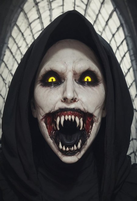 score_9, score_8_up, score_7_up, score_6_up, valak, black hooded sith outfit, black lips, black veins, fullbody pic, the devil, bald Satan in hooded black robes,
, jaws, black tongue, teeth, rotting skin, front view, very pale skin, evil smile. Satisfied smile, , oiled skin, , yellow eyes, black pupils, looking at viewer, great lighting,<lora:fangs_jaws-000009:0.9>, torn mouth,
, gothic cathedral with black stone walls and red  glass windows, horror, scary face, monstrous, evil, claws, Expressiveh, g0thicPXL, glowing, neon,, zPDXL2,