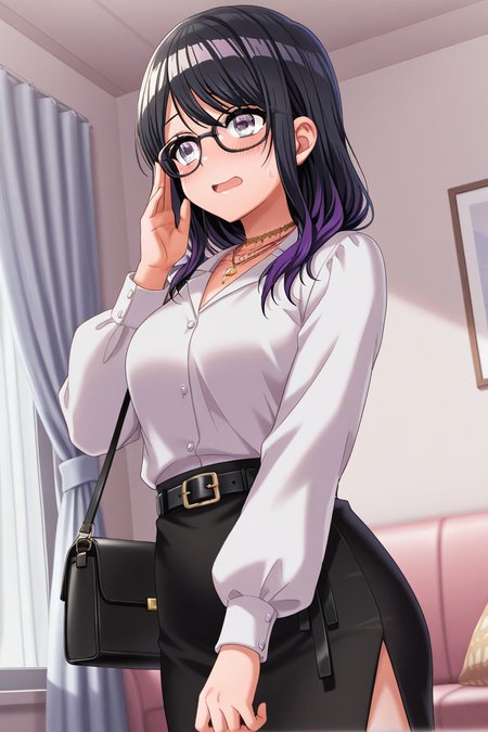 masterpiece, best quality, amazing quality,
 <lora:Toka_IL:1> toka, 1girl, glasses, black hair, necklace, shirt, bag, skirt, multicolored hair, jewelry, blush, purple hair, breasts, black skirt, black-framed eyewear, belt, indoors, white shirt, long hair, curtains, window, long sleeves, solo, handbag, bangs, open mouth, offldsk