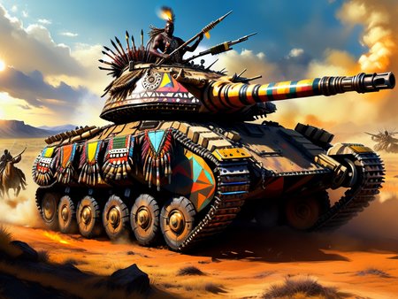 <lora:CulturePunkAI_1Pruned:.9> ZuluPunkAI  tank on battlefield, concept art  (Highly detailed, amazing), (Impressive lighting), (vibrant colors, Ultra Realistic, High quality, Highly detailed, Sharp focus, 8K UHD, Art photography), (trending on artstation)