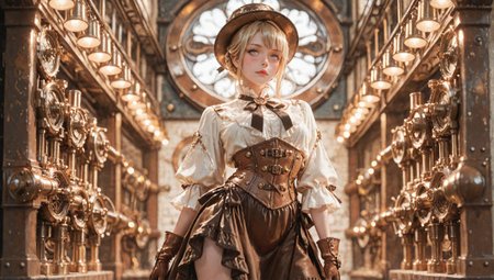 Stjarna_Dogg, (blurred background), 8k, best quality, depth of field, dynamic lighting, high detail, masterpiece, photorealistic, realistic, ultra-HD, very aesthetic, (fashion photoshoot:1.1), 1girl, Dynamic pose, ([style of Jovana Rikalo:style of Liam Wong:0.4]:1.15), [Victorian:steampunk:0.6] setting, adult woman embodying a steampunk aesthetic with a Victorian twist, ((intricate corset design)), holding greasy spout oil can, steel boned corset with brass cogs and gear accents, layered bustle skirt in rich brocade, detailed with copper threading, high-collar ruffled blouse with puffed sleeves, leather gloves reaching just below the elbow, adorned with delicate clockwork pieces, striking leather boots with metal heel detailing, a combination of elegance and industrial flair, hair styled in a sophisticated updo, adorned with miniature steampunk-inspired hat, subtle yet striking makeup highlighting her sharp features, standing confidently in a vintage workshop setting, surrounded by brass and copper machinery, soft glow of ambient gaslights, casting dramatic shadows, the air filled with a sense of adventure and mechanical wonder, her presence a perfect blend of Victorian grace and steampunk boldness, captivating the viewer with a look that's both nostalgic and forward-thinking., (contrapposto)