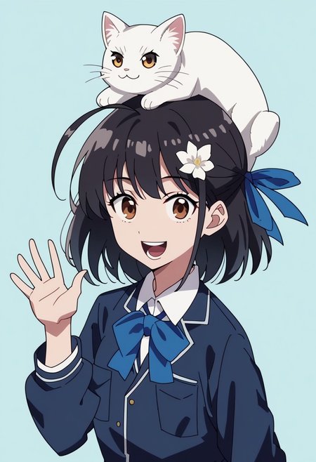 ,score_9, score_8_up, score_7_up, score_6_up, score_5_up, score_4_up, source_anime, rating_safe, easynegative,1girl, portrait, smile, open mouth, teeth, hair flower, black hair, hair ornament, ahoge, flower, shirt, white shirt, ribbon, medium hair, long sleeves, brown eyes, pocket, breast pocket, looking at viewer, bangs, school uniform, upper body, collared shirt, white flower, blue ribbon, bow, open mouth, hair ribbon, skirt, blue skirt, pleated skirt, simple background, light blue background, animal, cat, white cat on head, standing, waving, anime screencap