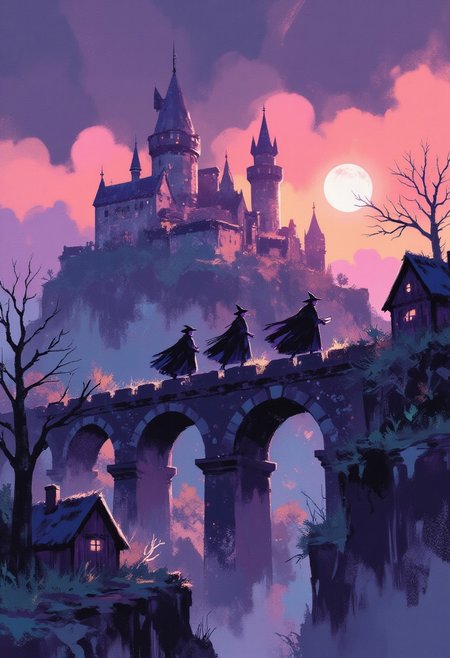 Medieval aqueduct between the castle and the cliff. The castle is located on the cliff. On the opposite side is a forest and small huts. There are 3 young witches walking along the top of the aqueduct. The witches wear pointed hats and cloaks. Some are holding books in their hands. In the background is an eerie magical castle. magic is in the air. Mania emanates from the witches. The setting sun can be seen through the columns of the aqueduct. The contrast between the rich colors of the magic and sky and the gloomy castle and silhouettes. The surrealness of the magical landscape. A world of magic. Colorful modern impressionism. 
WLOP, i11ustmin Illustration