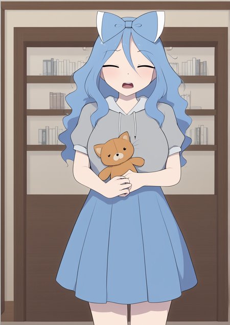 1girl, yorigami shion, huge breast, blue bow, blue hair, blue skirt, blush, bow, chibi, closed eyes, cowboy shot, debt, facing viewer, grey hoodie, hair between eyes, hair bow, holding, holding stuffed toy, hood, hoodie, long hair, open mouth, puffy short sleeves, puffy sleeves, short sleeves, skirt, solo, stuffed animal, stuffed cat, stuffed toy, very long hair, wavy hair,  handfixer <lora:HandFixer_pdxl_Incrs_v1:1> <lora:Sour_Lemonade:1>