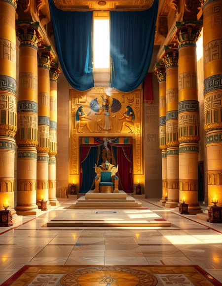 A grand and majestic ancient Egyptian throne room, illuminated by the warm glow of oil lamps and torches mounted on the intricately carved sandstone walls. The room is vast, with towering columns adorned with gold-inlaid hieroglyphs and bas-reliefs depicting gods such as Ra, Osiris, and Anubis, as well as scenes of royal ceremonies and offerings. The walls are covered with colorful frescoes, painted in deep shades of blue, red, and gold, telling the stories of ancient pharaohs and their divine rule.
At the center of the hall, an ornate golden throne rests atop a raised stone platform, accessible by a few steps. The throne is adorned with intricate carvings of winged sun disks, sacred cobras, and falcon motifs, symbolizing power and divine protection. The seat and backrest are encrusted with lapis lazuli, turquoise, and carnelian, creating a striking contrast against the polished gold. Two large stone statues of sphinxes flank the throne, their watchful eyes seeming to guard the empty seat of power.
The polished limestone floor reflects the flickering golden light of the torches, creating an almost mystical atmosphere. Large braziers shaped like lotus flowers release thin trails of fragrant incense smoke, adding to the sacred and mysterious ambiance of the room.
In the background, massive stone doors, partially open, reveal a glimpse of an open courtyard with palm trees and a distant view of the Nile River under a twilight sky. Through the high ceilings, small openings allow beams of moonlight to filter in, casting soft silver highlights across the chamber, blending with the warm tones of the torchlight.
The atmosphere is one of silence, mystery, and timeless majesty, as if the room has been left untouched for centuries, awaiting the return of a forgotten ruler.
<lora:SDXLFaeTastic2400:0.4> <lora:extremely_detailed:0.4> extremely detailed, <lora:ancient_Egyptian_thr0n3_r00m:1>,ancient Egyptian thr0n3 r00m, Masterpiece,best quality,hi res,8k,hi res,8k,award winning,(sharp focus, intricate, highly detailed),