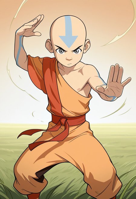 masterpiece, absurdres, high quality, perfect anatomy, 1boy, solo, cute boy, male focus, Aang, Grey Eyes, Bald, Blue Facial Marking, Blue Arrow (Symbol) Tattoo On Forehead, Season 3 Outfit, Orange Robe, Yellow Robe, single bare shoulder, Sleeveless, Red Sash Belt, yellow pants, Blue Body Markings, martial arts pose, open palm, focused expression, windy, wind magic, Air bending, in grassy field
