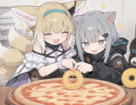 2girls, suzuran (arknights),smile, happy, ^_^, nachoneko, +_+, sparkling eyes, 
how_to_torture_an_italian_(meme), pizza, pineapple slice, pineapple on pizza,  
(zankuro:0.2), wagashi \(dagashiya\), chen bin, very awa, very aesthetic, masterpiece, best quality, amazing quality, absurdres  <lora:ponyv6_noobV1_2_adamW:0.5> <lora:n_XLNBVP1lokrV6311P:0.2> <lora:748cmXLNBVP1lokrV6311PZ:0.2> <lora:ricotte2:0.2> <lora:how_to_torture_an_italian_meme:0.9>