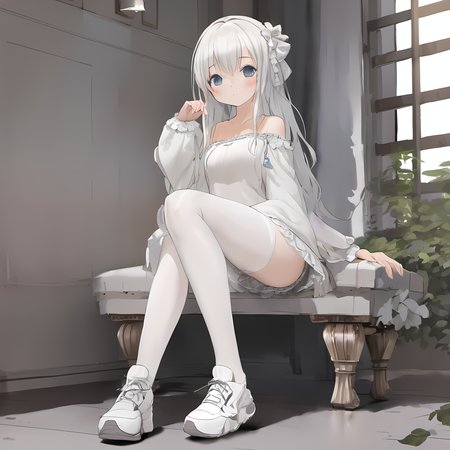 best quality,highly detailed,masterpiece,ultra-detailed,illustration,hagi, 1girl, small breasts, sitting, white pantyhose,  <lora:HagiSDXL:0.75>