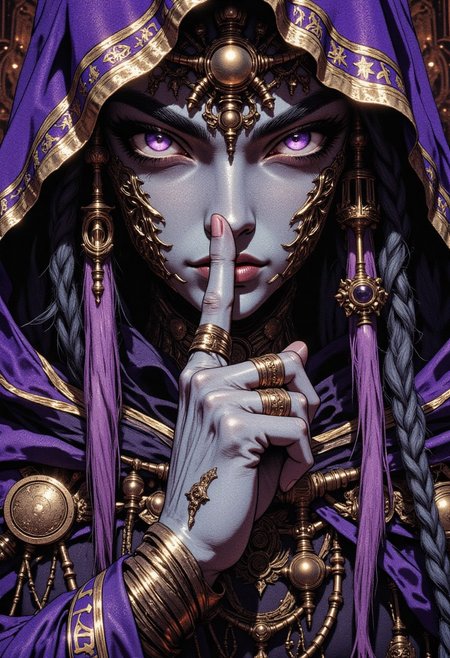 A closeup view of a beautiful sorceress. She has grey skin, dreadlocks and purple eyes. She is wearing dark wizard robes adorned with occult symbols. Her eyes glow with power and one of her fingers is before her mouth, gesturing to be silent. G0thicL1nes, R3alisticF