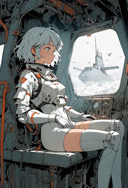 Black and white lineart 90's vintage manga, a woman with short hair in shorts sitting in a submarine cockpit, wearing a ripped spacesuit armor. Detailed art, super fine line art 90's vintage, bulma, looking out the window, ghibli, moebius, tsutomu nihei. Powerful pose, speed lines, birds are flying around, industrial architecture, pulsating veins and pipes and tunnels, walkways, rust, fog, foggy, ancient superstructures
