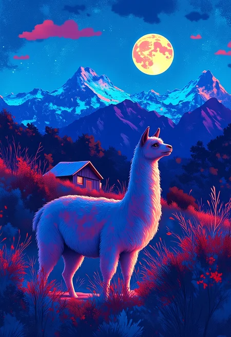 A LLAMA illuminated by the full moon standing in the foreground of the Andes Mountains, a small house in the background, colorful glowing sky, colorful scenery, blue tones, vibrant glow, By Alex Vede, illustration