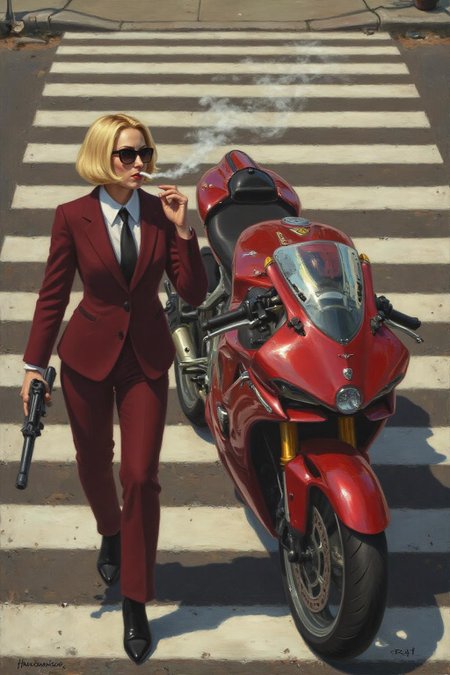 hansandersenbrendekilde1 painting. 
Overhead shot of a Blonde woman walking away from a futuristic motorcycle parked at a zebra crossing. The woman has bob hair, is smoking. She wears a red business suit, white shirt, black tie, and sunglasses. She holds a gun with a confident grip. The motorcycle itself is red, sleek and metallic, with intricate designs and a futuristic vibe <lora:hansandersenbrendekilde1_cap_d8a4e11:1.0><lora:855173891365039027:0>
