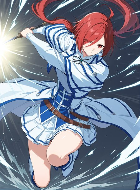 <lora:Xiao_Yu__Battle_Through_the_Heavens__Illustrious2:1>
1girl, solo,  red hair, long hair, long sidebangs, ahoge, low ponytail, hair over one eye, red eyes, anime style, 
white and blue uniform, fantasy outfit, long coat, white pleated mini skirt, high boots, layered clothing, puffy sleeves, black ribbon, waist belt, structured sleeves, large collar, open coat, chest bow, symmetrical outfit, hair loop,
score_9, score_8_up, score_7_up, very aesthetic, source_anime, detailed, high quality, beautiful, masterpiece, detailed eyes, full body, dynamic pose, action scene, white and blue uniform flowing, thigh slit visible, long  hair in motion, battle-ready, wind effect, dramatic lighting