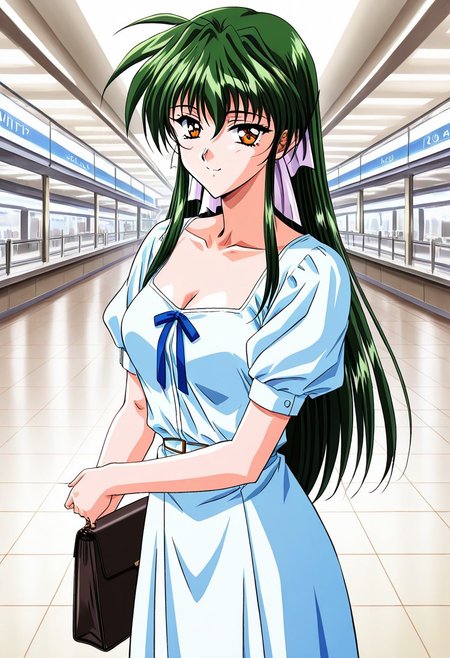general,highres, ultra-detailed,very aesthetic,best quality ,best hands,masterpiece, best quality, newest, highres, score_9, score_8_up, score_7_up, source_anime, rating_explicit,1girl, yokota mamoru style,motion lines,,Very straight nose,slim,slender face,perfect nose,1990s (style)
Sendou Hitomi, Green Hair, Sidehair, Waist Length Hair,Amber Eyes,Necktie, Ribbon Hair Tie
 anime screencap,
dress, shopping mall , long hair, looking at viewer, short sleeves, puffy sleeves, ribbon, puffy short sleeves, smile, breasts, cleavage，bag,luxury shopping mall