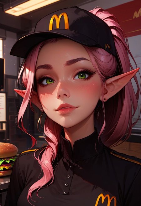score_9, score_8_up, score_7_up, score_6_up, 
1girl, 25 years old, perfect face, looking at viewer, close view,
green eyes, adult, sexy,
elf, pink hair, ponytail, sidelocks, 
necklace, 
blush, shy smile,  
employee uniform, mcdonald's, black shirt, hat,
portrait, face focus, detailed face, holding burger