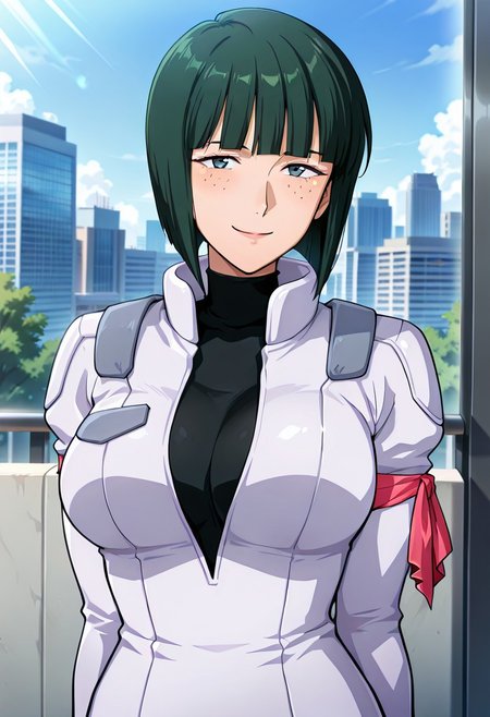 ((masterpiece, absurdres)), best quality, amazing quality, newest, 4k, anime coloring, very aesthetic, ray tracing, Smooth Quality, CG,city view,connie, 1 mature female, green hair, bob cut, freckles, pilotsuit, turtleneck t-shirt, arm ribbon,upper body, smile
