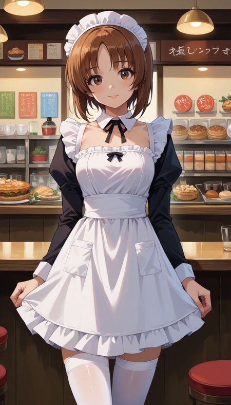 score_9, score_8_up, score_7_up, source_anime, 
 <lora:GUPMiho:1> 1girl, nishizumi miho, brown hair, short hair, brown eyes,  
cafe,looking at viewer,cowboy shot, (black strapless dress),maid, white apron, white thighhighs,smile