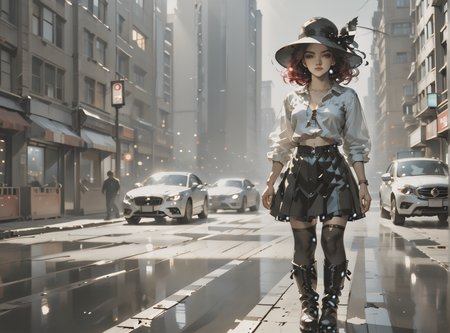 score_9, score_8_up, score_7_up, character portrait, angled, 1girl, pale skin, medium breasts, <lora:sm0k3XLP:1>, <lora:goth_clothes:1>, (black sunhat, black stockings, black skirt, black top, zipper boots, crimson red hair, black highlights, <lora:_sdxl-gaming-pony:1>, <lora:Dark_Retro_Scifi_Aesthetic:1>,