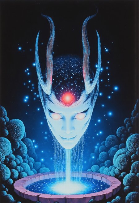 ArsMovieStill, movie still from a 1970s horror movie Studio Ghibli Dark Fairytale depicting a cursed hannya mask with horns and fangs blooming out of a blue lotus in a liminal bonsai garden with eerie radiating cyan and magenta miasma satyr
