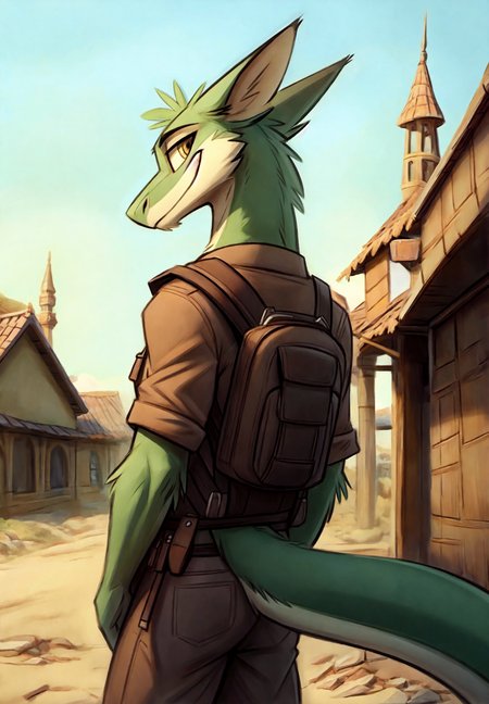 anthro, scally, green male lizard, wearing adventurer's clothing, backpack, leather clothing, walking through a medieval fantasy village, (long green tail:1.2), back view, looking back at viewer, detailed eyes, correct eyes, smirk, masterpiece, high quality, detailed background, flag, clouds,  <lora:improve_backgrounds:0.8> <lora:improve_backgrounds:0.85> <lora:Detailed_Places_R-128_v1:0.8>