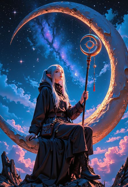 masterpiece, best quality, very aesthetic, absurdres, highres, vivid, artistic, stylized, 8k, hdr, anime coloring, night, crescent,  sitting on crescent, starry sky, clouds
frieren, wizard, hooded coat, mad-cable, deep-red and purple, sash, closed coat, layered clothing, tailored trousers, boots, staff, tome, pouch,
<lora:DRKWB:0.4> <lora:SketchStyle:0.8> Jedsk5tch, sketch, <lora:skzW0rld-IXL:0.6> skzW0rld
