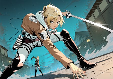 embedding:IllusP0s, artist:fluxc0m1c, high angle, katana, sword pose, iaido, dynamic pose, night, outdoors, combat stance, angle view, Annie Leonhart_\(shingeki no kyojin\), embedding:Smooth Quality, embedding:IllustriousQual,<lora:artist_fluxc0m1c_ill_v2.safetensors:0.7:0.7>