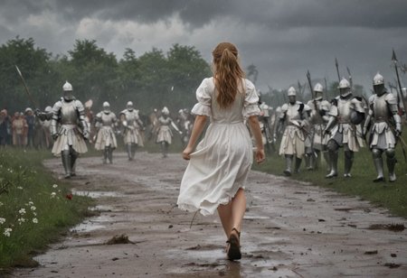 1girl with an army of knights.
(happy little girl in clean white dress) runs with a white flower in her hand towards background (facing away) from camera. back turned.
(Knights with blood and wounds) marching home from a battlefield in background from right to left.
Masterpiece, DonMSt34mPXL, Realistic Lightning, Cinematic Lightning, Dark Lightning, Rain, Puddle, Clouded Sky, medieval, fantasy, pedestrians, Cape, Reflection.