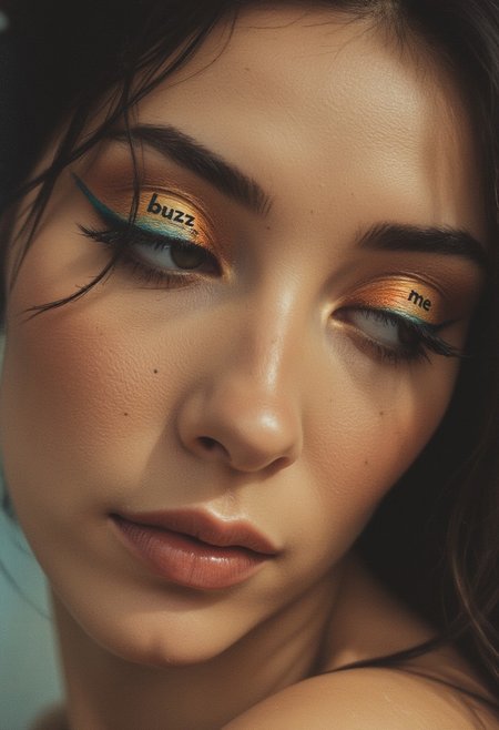 This is a high-resolution photograph of a close-up of a woman’s face, capturing the sensual curve of her lips and the delicate arch of her nose. Her fair skin glows, enhanced by vibrant, daring makeup that embodies the spirit of the 70s. Her closed eyes are adorned with shimmering, iridescent orange-turquoise eyeshadow that extends playfully beyond her eyelashes, giving a flirtatious touch. On the left eyelid, the word "buzz" is written in a sultry, flowing script, while the right eyelid displays "me," both glowing in the same mesmerizing hues. Her long, black eyelashes curl seductively at the tips, framing her alluring gaze. The bold text on her eyelids creates a striking contrast against her porcelain complexion, exuding an air of playful seduction.