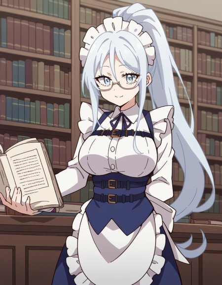 score_9, score_8_up, score_7_up, source_anime, <lora:sylpha-langlis-s1-ponyxl-lora-nochekaiser:1>, sylpha langlis, long hair, blue eyes, hair between eyes, ponytail, white hair,, large breasts, apron, maid, maid headdress, maid apron, frills, long sleeves,, library, reading books, glasses, quiet, focused, shelves of books, smile, leaning forward,, looking at viewer, solo,, dutch angle, cowboy shot
