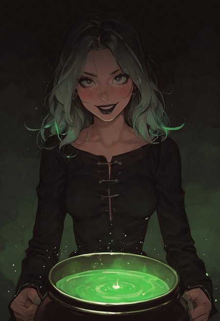 score_9, score_8_up, score_7_up, score_6_up, Expressiveh, g0thicPXL, 1girl, 23 years old, perfect face, cute, BREAK
Dark background with forest, witches cauldron, green fog, moonlight shining through trees, light green details in background, light green wall, black desk, detailed background, lace border, (cool lighting:1.3), BREAK
Medium breast, shiny skin, black eyes, black hair with light green highlights, long hair, bun hair, bangs, black lipstick, dark makeup, light green eyeshadow, motion lines, blush, petite frame, BREAK 
Looking at viewer, large eyes, American, skinny face, beautiful, ultra detailed, masterpiece, detailed collarbones, detailed skin, freckles, chin tilted upward, ghost green robes draped across her body, skin tight, figure visible through robes, floating above the cauldron, focus light green highlights, shouting, smiling, evil smile, arms stretched out, arms wide, crazy eyes, glowing cauldron, glowing, evil expression