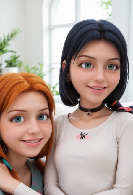 score_9, score_8_up, score_7_up, score_6_up, 
2girls, sitting together, on a couch, (leaning against each other, head on shoulder, cheek to cheek:1.4),
1girl, Sabrina Raincomprix, long hair, orange hair, green eyes, fair skin, earrings, white blouse, choker, 
1girl, Marinette Dupain-Cheng, long hair, bright bluebell eyes, black hair, twin tails, earrings, red blouse, choker, 
perfect eyes, real skin, amateur, photo, solo, perfect face, perfect eyes, sexy, beautiful eyes, petite body, 
masterpiece, best quality, amazing quality, 
heavy blush, thick dark eyelashes, tiny body,
(skinny girl), on a couch, family home, living room, wall pictures, plants,
blurry background, lot of people in background, shy expression, depth of field, volumetric lighting, biting lips, vibrant colors, intricate details, 
smiling, teeth, arms crossed, close up on face, real skin,